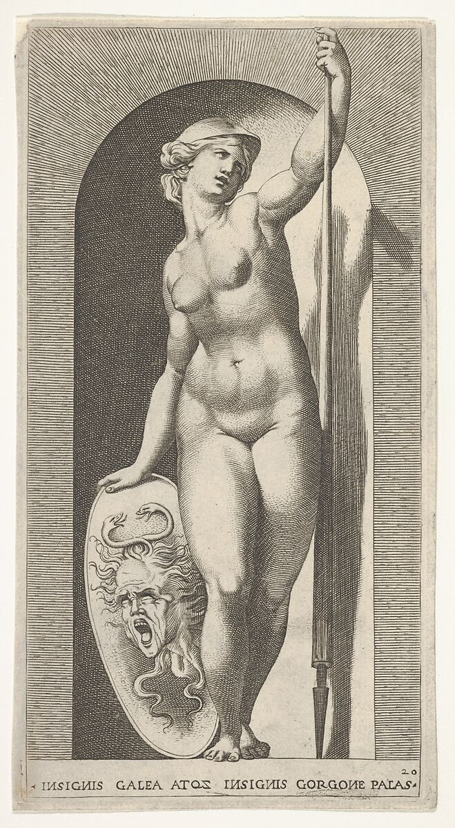 Plate 20: Pallas Athena holding a shield with Medusa's head in her right hand and a lance in her left hand, from a series of mythological gods and goddesses, Giovanni Jacopo Caraglio (Italian, Parma or Verona ca. 1500/1505–1565 Krakow (?)), Engraving 