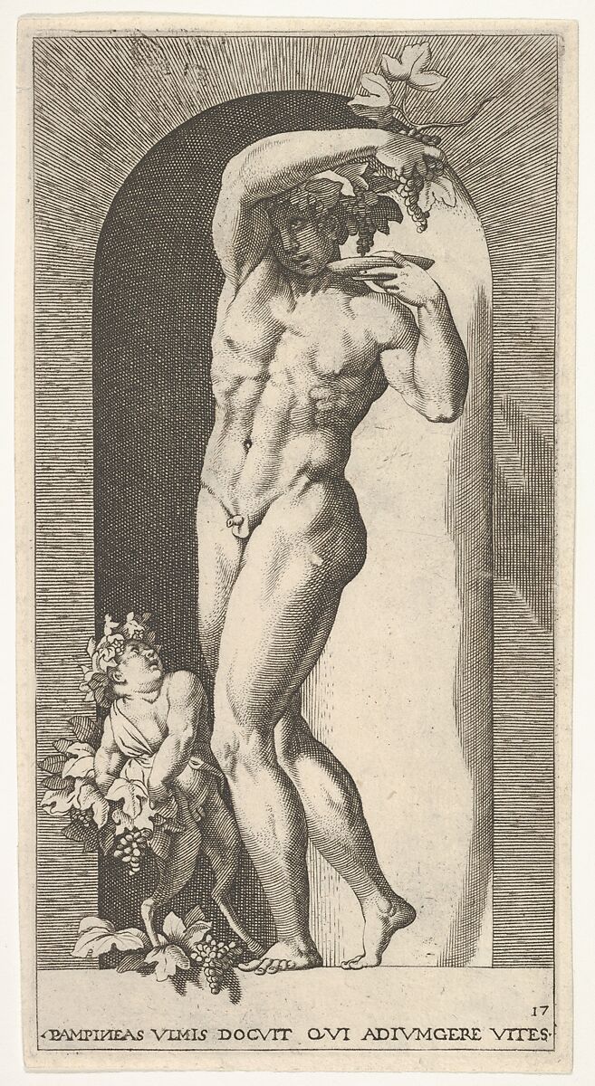 Plate 17: Bacchus standing in a niche, holding grapes over a plate, accompanied by an infant satyr, from a series of mythological gods and goddesses, Giovanni Jacopo Caraglio (Italian, Parma or Verona ca. 1500/1505–1565 Krakow (?)), Engraving 