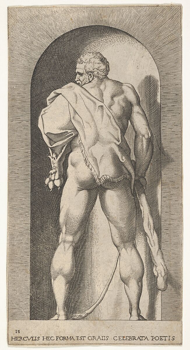 Plate 15: Hercules standing in a niche, wearing a lion skin and holding a club, viewed from behind, with his head turned to the left, from a series of mythological gods and goddesses, Giovanni Jacopo Caraglio (Italian, Parma or Verona ca. 1500/1505–1565 Krakow (?)), Engraving 
