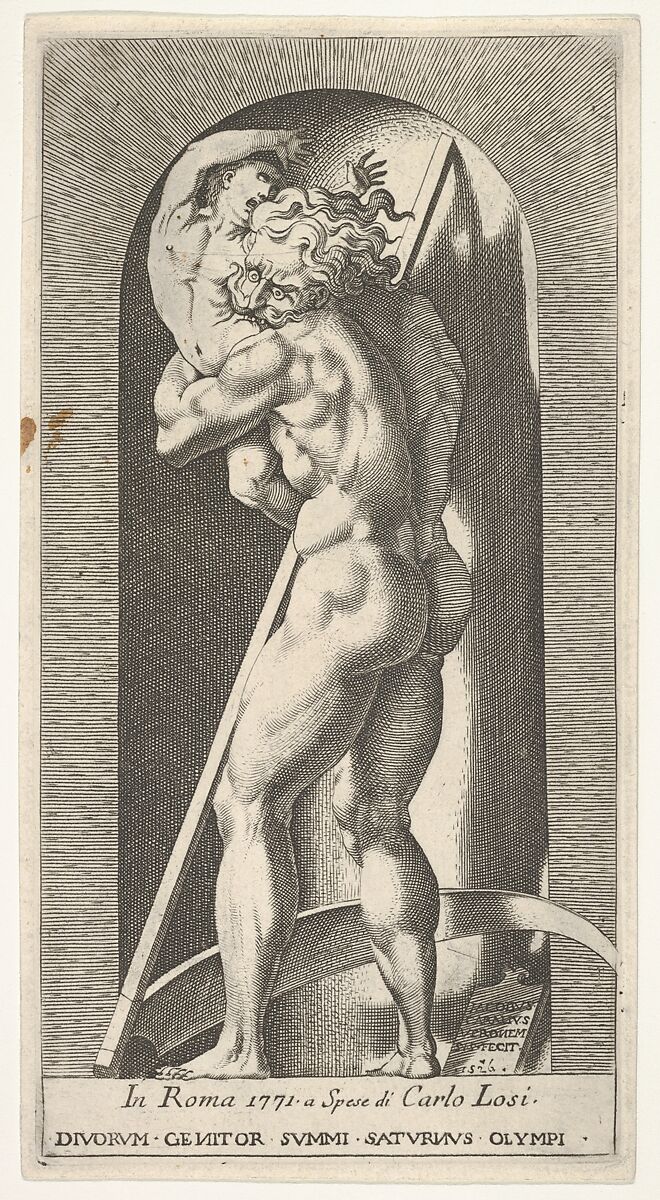 Plate 1: Saturn in a niche devouring his son, standing before a scythe, from a series of mythological gods and goddesses, Giovanni Jacopo Caraglio (Italian, Parma or Verona ca. 1500/1505–1565 Krakow (?)), Engraving 