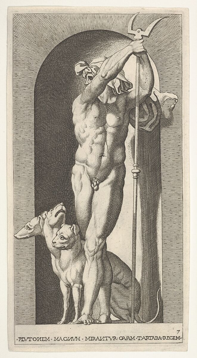 Plate 7: Pluto in a niche, holding a bident, with Cerberus next to him, from a series of mythological gods and goddesses, Giovanni Jacopo Caraglio (Italian, Parma or Verona ca. 1500/1505–1565 Krakow (?)), Etching 