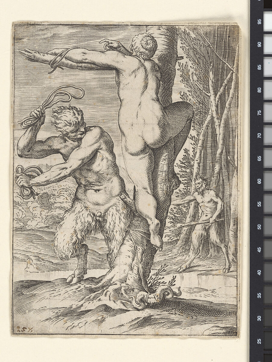 Satyr whipping a nymph, who is shown from behind and bound to a tree, a second satyr bearing a club stands in the middle ground, Agostino Carracci (Italian, Bologna 1557–1602 Parma), Engraving