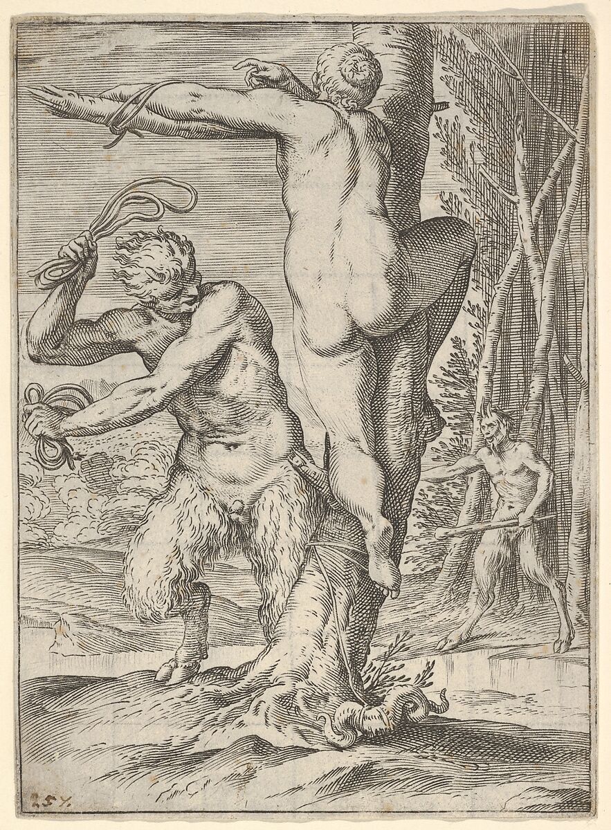 Satyr whipping a nymph, who is shown from behind and bound to a tree, a second satyr bearing a club stands in the middle ground, Agostino Carracci (Italian, Bologna 1557–1602 Parma), Engraving 