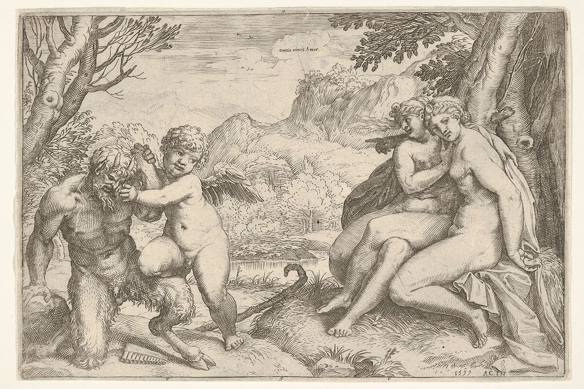 Love Conquers All (Omnia vincit Amor), in a struggle with a satyr Amor places his right knee on its thigh, two nude nymphs are seated with interlocking legs at the base of a tree, Agostino Carracci (Italian, Bologna 1557–1602 Parma), Engraving 