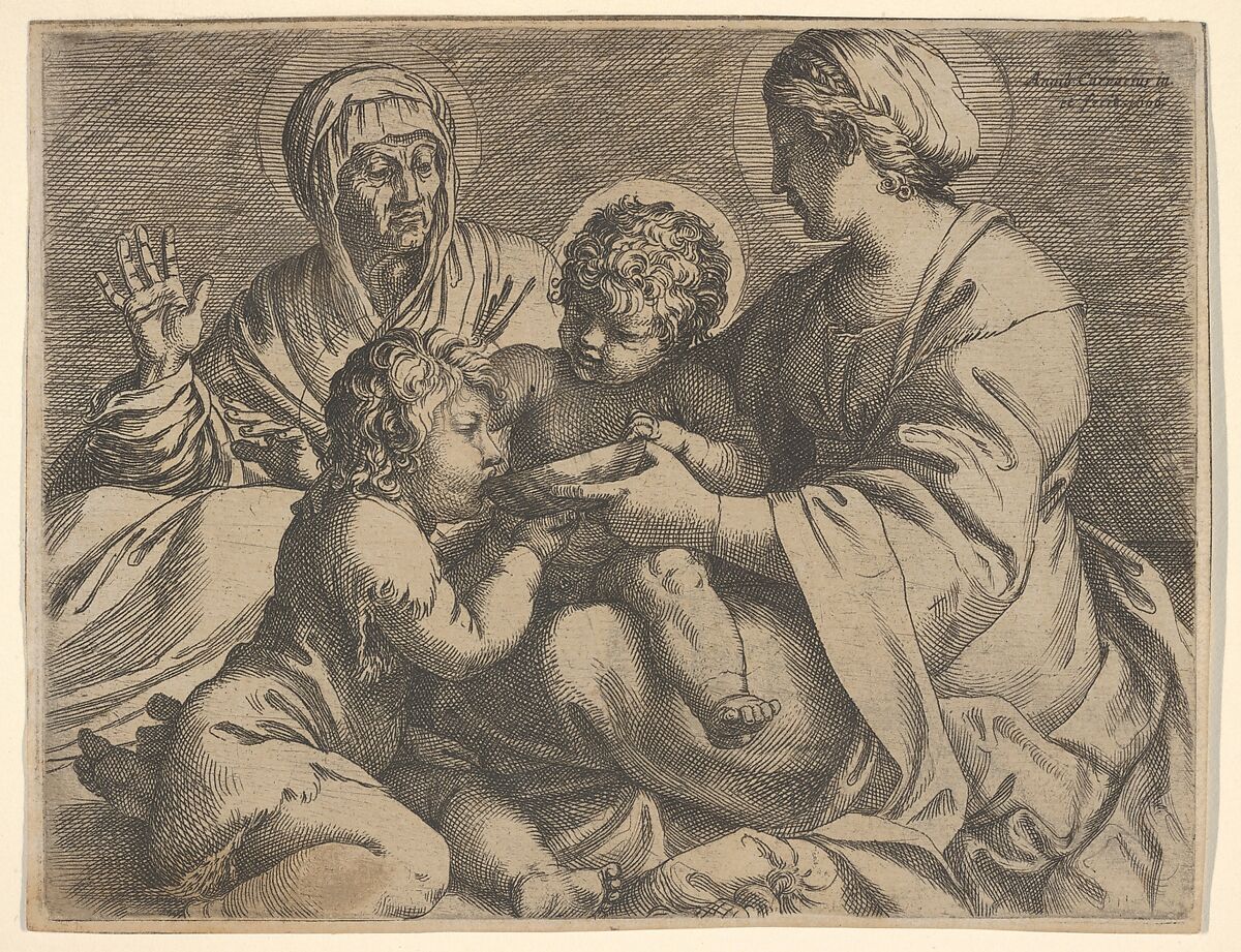 Madonna and Child with Saints Elizabeth and John the Baptist (Madonna della Scodella), the seated Mary and the infant Christ hold a cup from which the young Baptist drinks, Elizabeth lifts both hands, Annibale Carracci (Italian, Bologna 1560–1609 Rome), Etching and engraving 