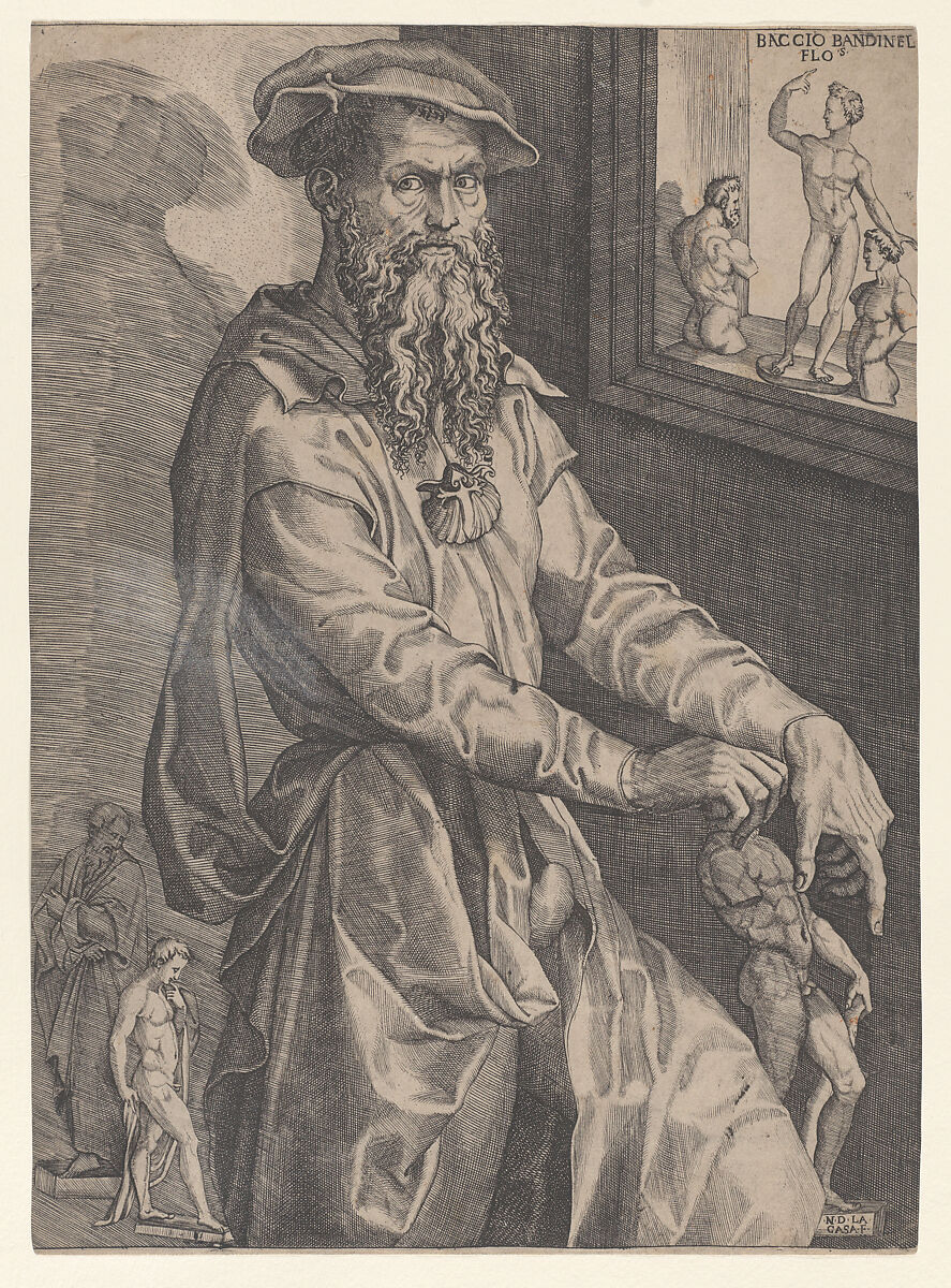 Portrait of Baccio Bandinelli, in three-quarter length next to a window pane containing a statuette and statuette fragments, the artist grasps with his right hand the head of a statuette resting at his left side, Niccolò della Casa (French, active Italy, ca. 1543–48), Engraving; first state of two