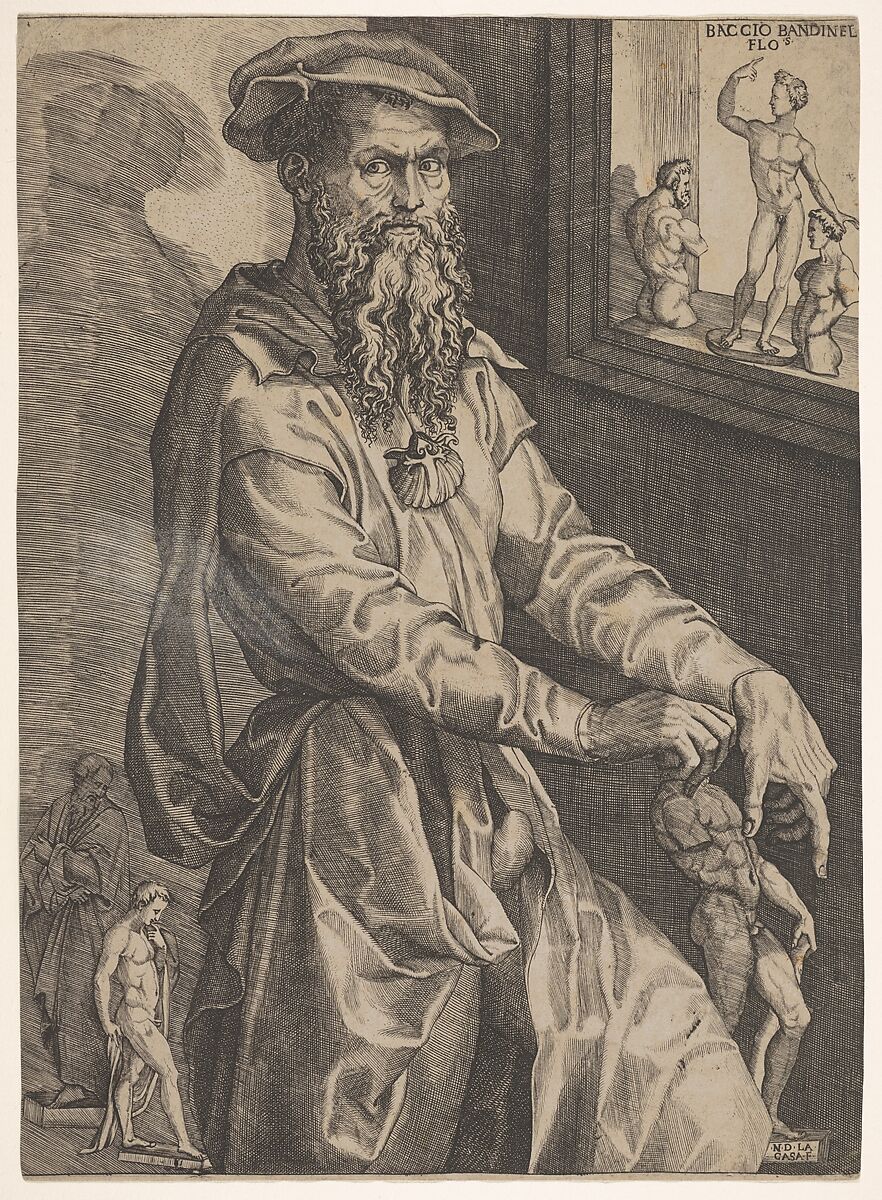 Portrait of Baccio Bandinelli, in three-quarter length next to a window pane containing a statuette and statuette fragments, the artist grasps with his right hand the head of a statuette resting at his left side, Niccolò della Casa (French, active Italy, ca. 1543–48), Engraving; first state of two 