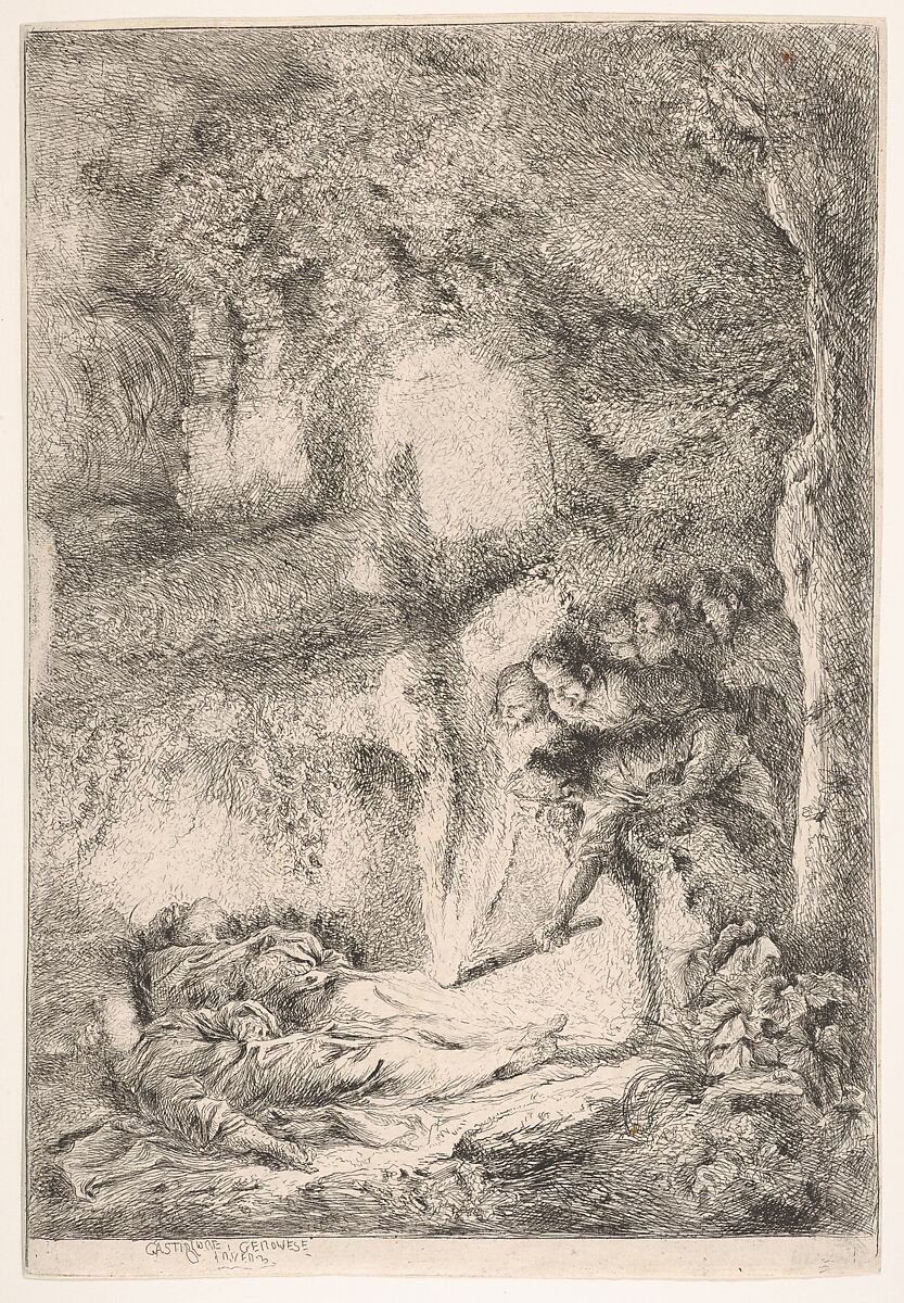 Finding the bodies of Saints Peter and Paul, Giovanni Benedetto Castiglione (Il Grechetto) (Italian, Genoa 1609–1664 Mantua), Etching 