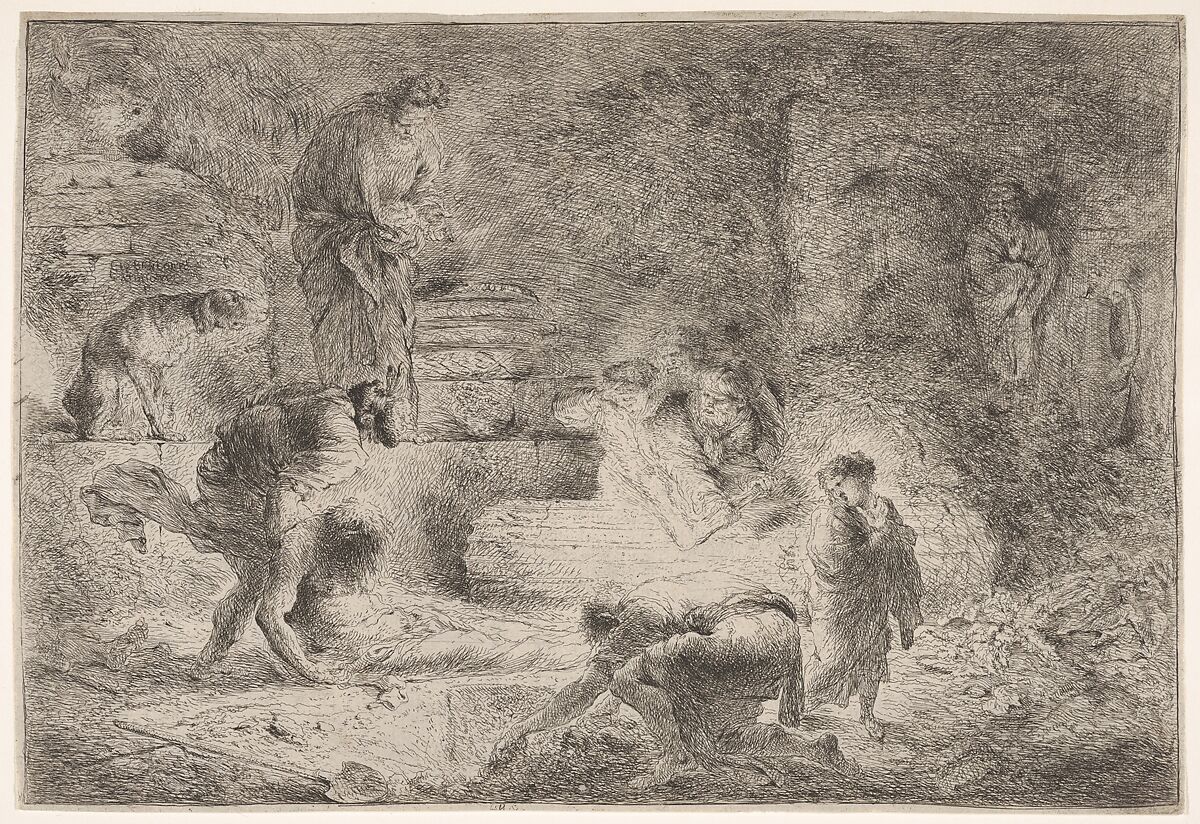 Tobit burying the dead, Giovanni Benedetto Castiglione (Il Grechetto) (Italian, Genoa 1609–1664 Mantua), Etching 