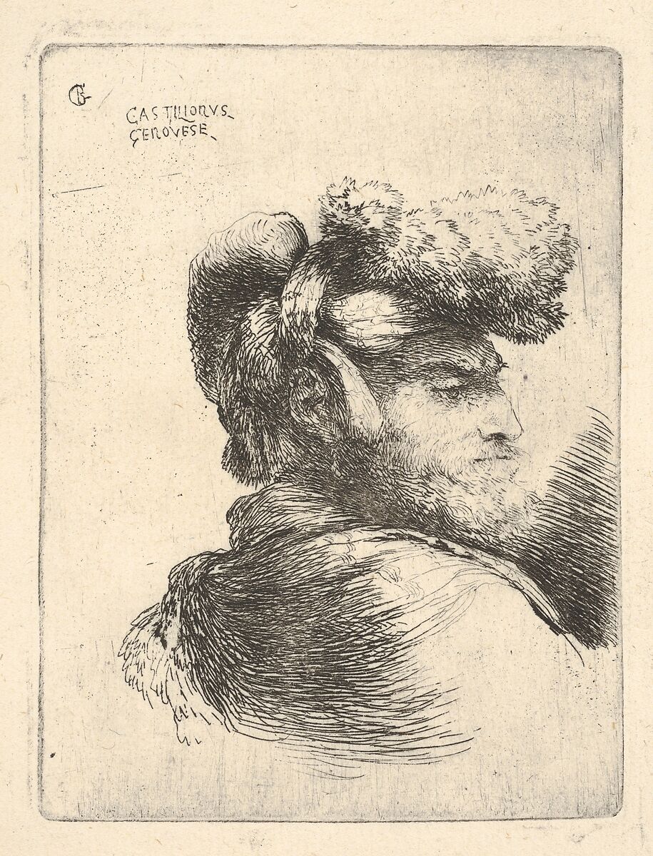 Man in profile facing right, wearing a fur hat, from "Small Heads in Oriental Headdress", Giovanni Benedetto Castiglione (Il Grechetto) (Italian, Genoa 1609–1664 Mantua), Etching 