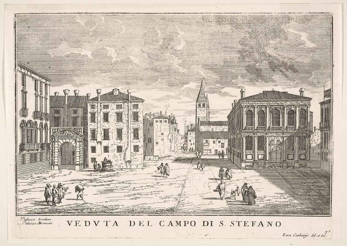 Plate 95: View of Campo Santo Stefano with the Loredan Palace and Morosini Palace, Venice, 1703, from "The buildings and views of Venice" (Le fabriche e vedute di Venezia), Luca Carlevaris (Italian, Udine 1663/65–1730 Venice), Etching 