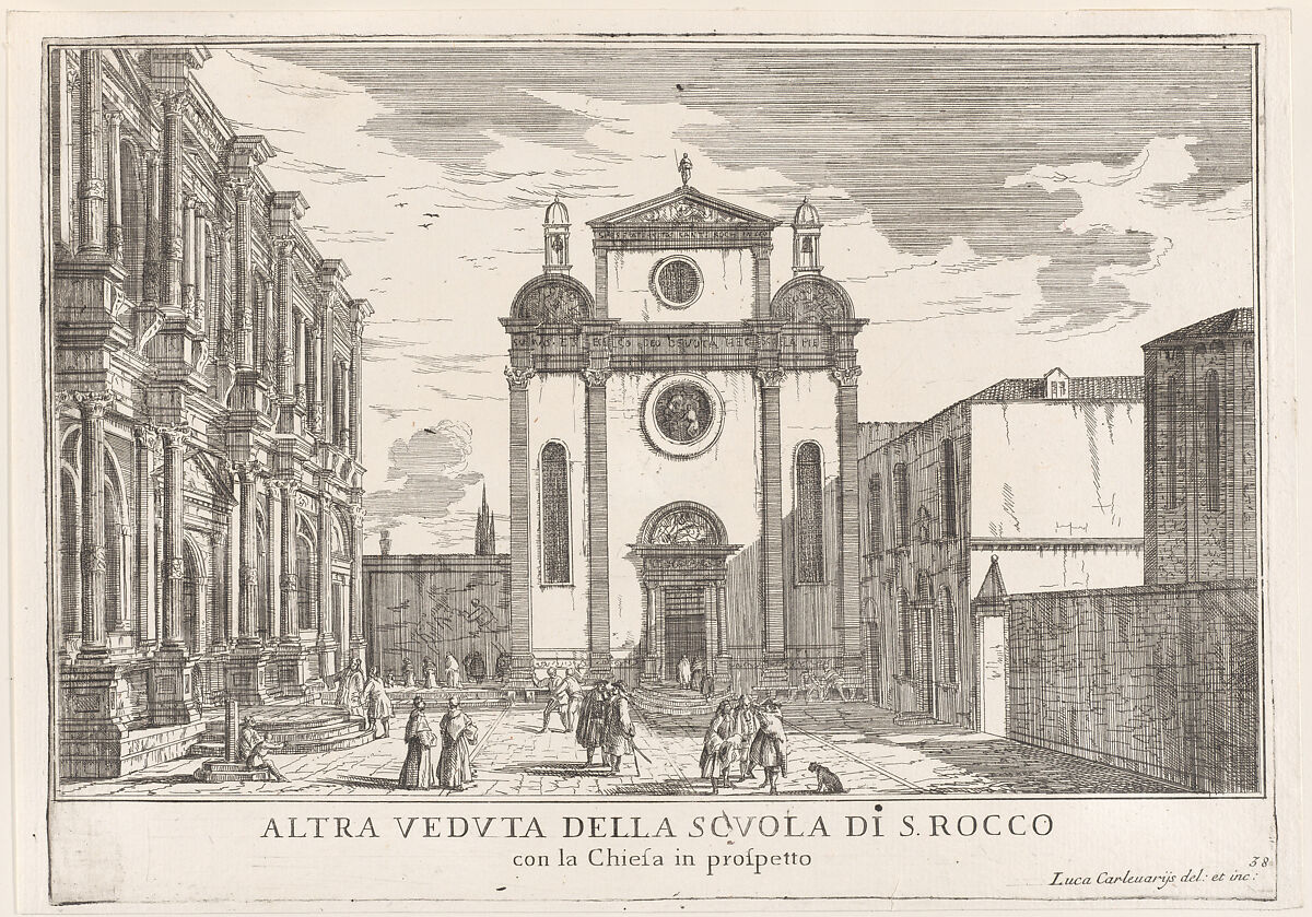 Plate 38: View of the facade of the church of St. Roch and at left the facade of the School of St. Roch, Venice, 1703, from "The buildings and views of Venice" (Le fabriche e vedute di Venezia), Luca Carlevaris (Italian, Udine 1663/65–1730 Venice), Etching
