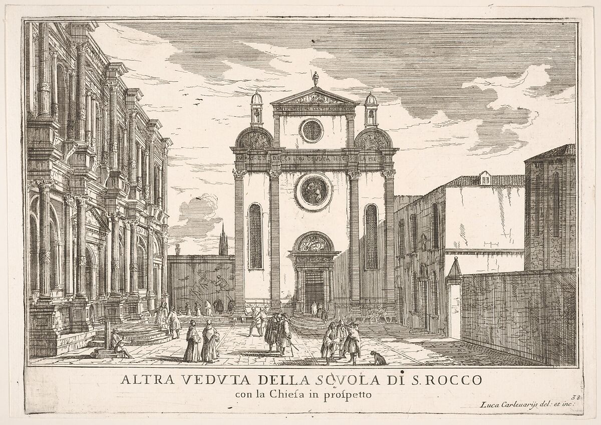 Plate 38: View of the facade of the church of St. Roch and at left the facade of the School of St. Roch, Venice, 1703, from "The buildings and views of Venice" (Le fabriche e vedute di Venezia), Luca Carlevaris (Italian, Udine 1663/65–1730 Venice), Etching 