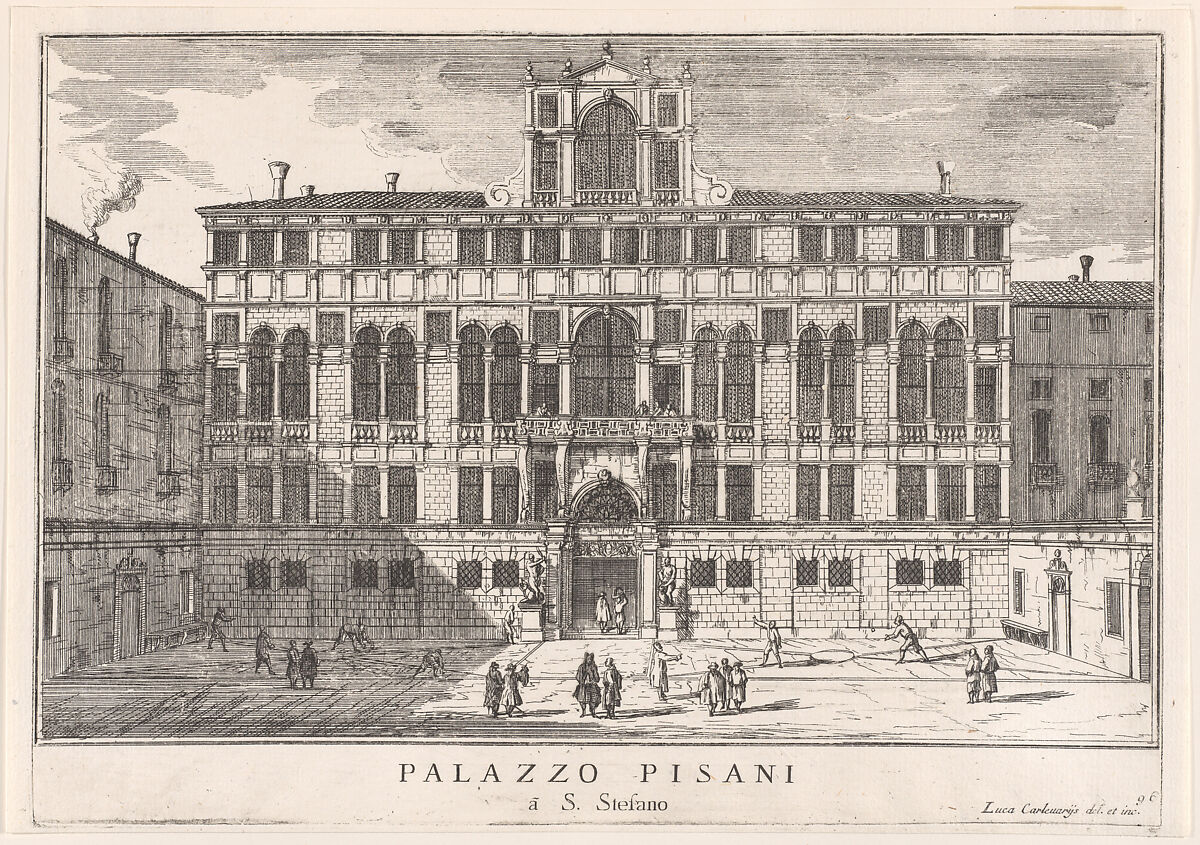 Plate 96: View of the facade of the Pisani Palace in Campo Santo Stefano, Venice, 1703, from "The buildings and views of Venice" (Le fabriche e vedute di Venezia), Luca Carlevaris (Italian, Udine 1663/65–1730 Venice), Etching