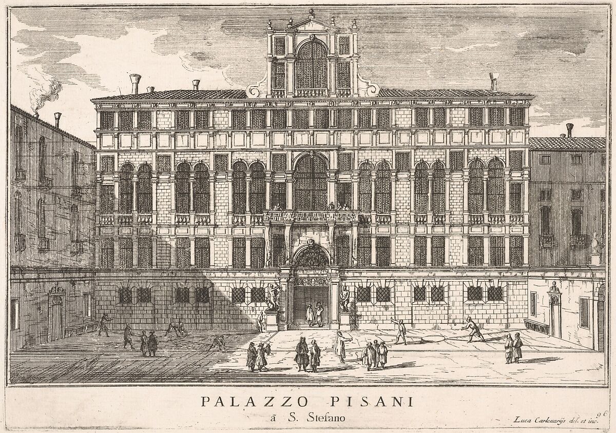 Plate 96: View of the facade of the Pisani Palace in Campo Santo Stefano, Venice, 1703, from "The buildings and views of Venice" (Le fabriche e vedute di Venezia), Luca Carlevaris (Italian, Udine 1663/65–1730 Venice), Etching 