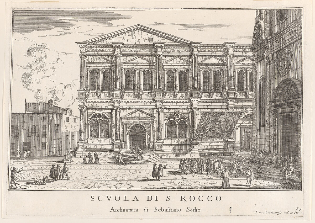 Plate 37: Side view of the school of St. Roch at left and view of facade of the church of St. Roch, Venice, from "The buildings and views of Venice" (Le fabriche e vedute di Venezia), Luca Carlevaris (Italian, Udine 1663/65–1730 Venice), Etching