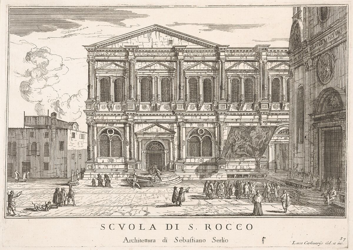 Plate 37: Side view of the school of St. Roch at left and view of facade of the church of St. Roch, Venice, 1703 from the series 'The buildings and views of Venice' (Le fabriche e vedute di Venezia), Luca Carlevaris (Italian, Udine 1663/65–1730 Venice), Etching 