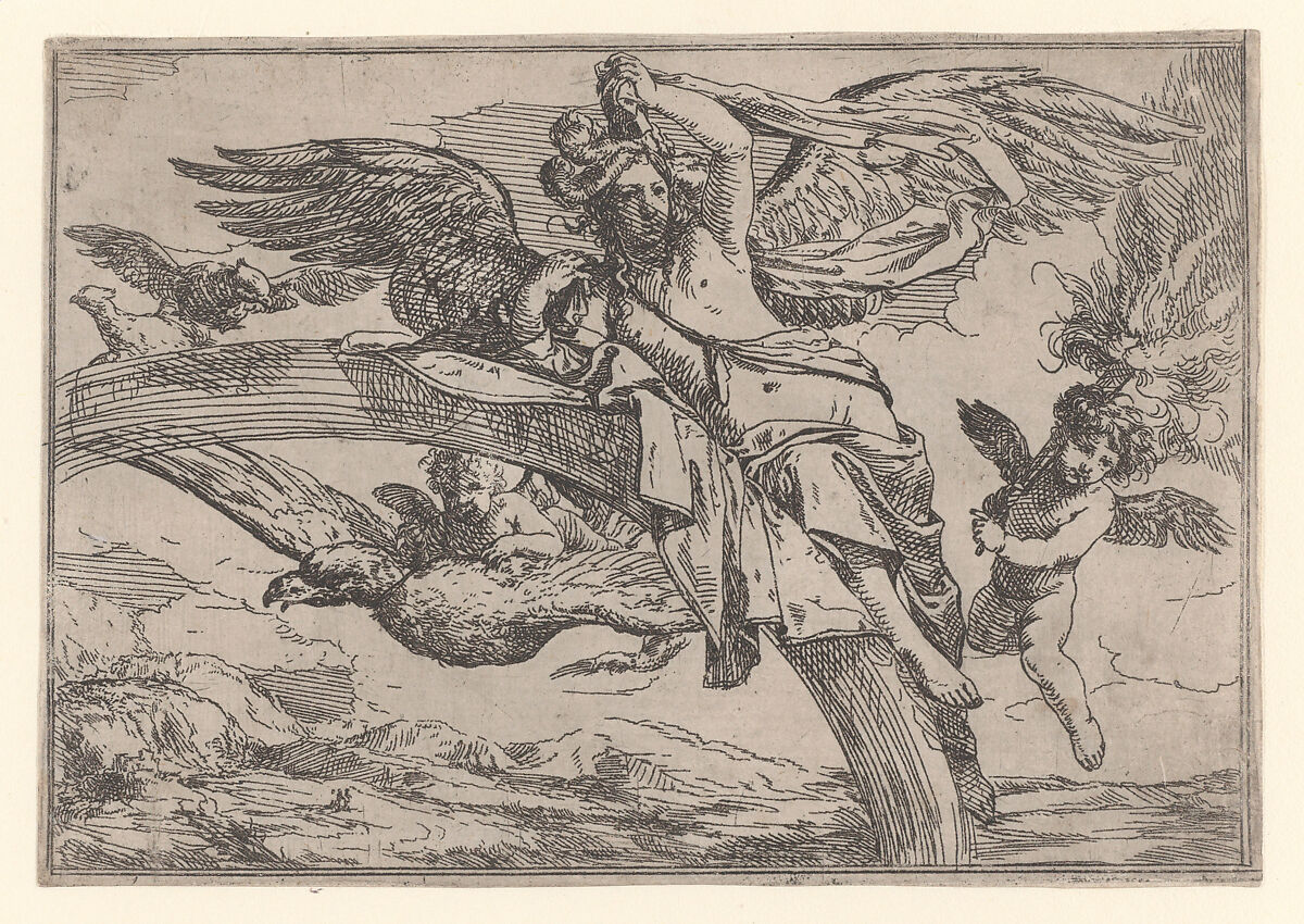 Air, represented by Iris reclining on her rainbow, accompanied by a winged putto bearing a torch and another winged putto riding an eagle, from "The Elements", Giulio Carpioni (Italian, Venice 1613–1678 Venice), Etching