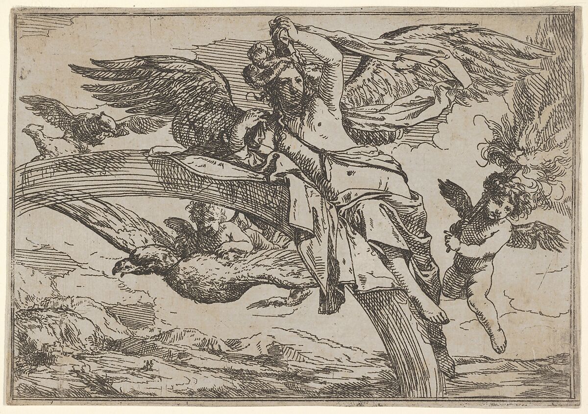Air, represented by Iris reclining on her rainbow, accompanied by a winged putto bearing a torch and another winged putto riding an eagle, from "The Elements", Giulio Carpioni (Italian, Venice 1613–1678 Venice), Etching 