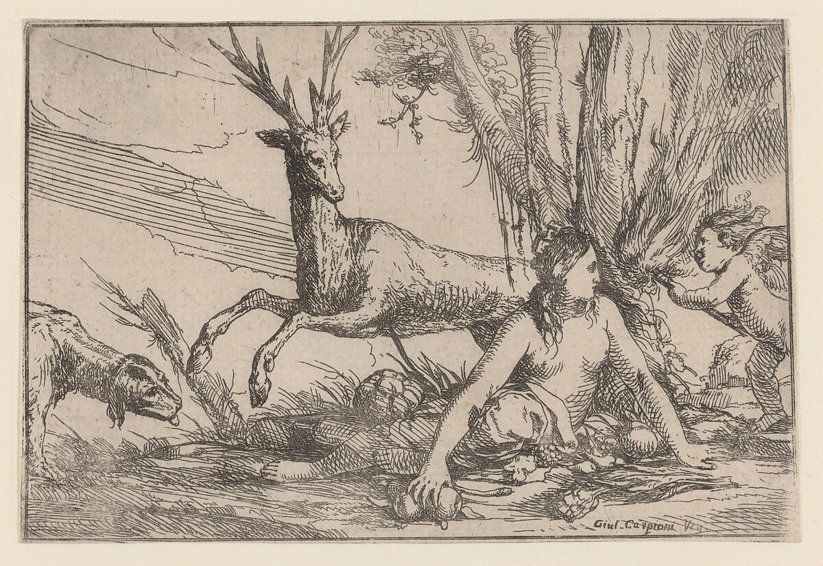 Earth, represented by Cybele seated at the base of a tree with fruits of the earth spread before her, a cupid with a torch approaches from the right, a stag and hound look toward Cybele from the left, from "The Elements", Giulio Carpioni (Italian, Venice 1613–1678 Venice), Etching