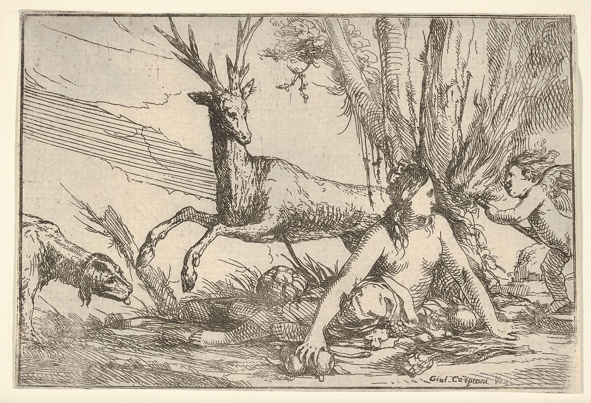 Earth, represented by Cybele seated at the base of a tree with fruits of the earth spread before her, a cupid with a torch approaches from the right, a stag and hound look toward Cybele from the left, from "The Elements", Giulio Carpioni (Italian, Venice 1613–1678 Venice), Etching 