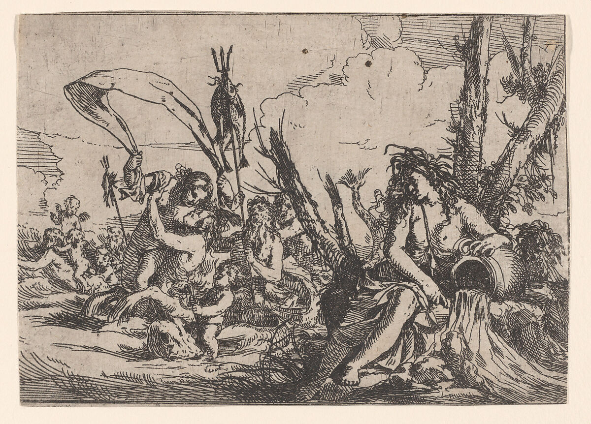Water, represented by a naiad seated at the base of a tree and resting her arm on a supine urn from which water flows, behind her a triton and other inhabitants of the sea rise from the water surface, from "The Elements", Giulio Carpioni (Italian, Venice 1613–1678 Venice), Etching