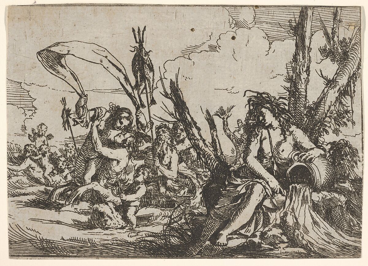 Water, represented by a naiad seated at the base of a tree and resting her arm on a supine urn from which water flows, behind her a triton and other inhabitants of the sea rise from the water surface, from "The Elements", Giulio Carpioni (Italian, Venice 1613–1678 Venice), Etching 