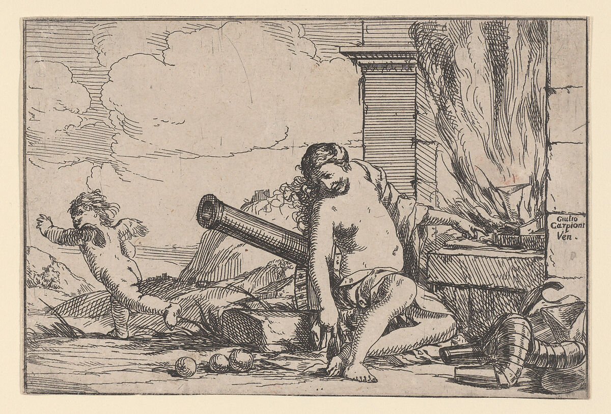 Fire, represented by Venus seated before Vulcan's forge, with armor, a cannon, and cannon balls surrounding her, she turns her head toward Cupid, who stretches his body away from her, from "The Elements", Giulio Carpioni (Italian, Venice 1613–1678 Venice), Etching