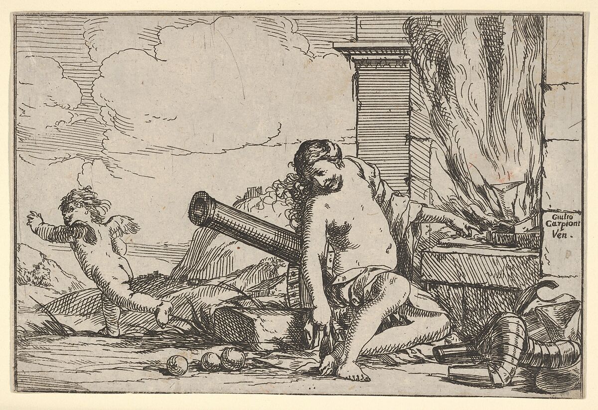 Fire, represented by Venus seated before Vulcan's forge, with armor, a cannon, and cannon balls surrounding her, she turns her head toward Cupid, who stretches his body away from her, from "The Elements", Giulio Carpioni (Italian, Venice 1613–1678 Venice), Etching 