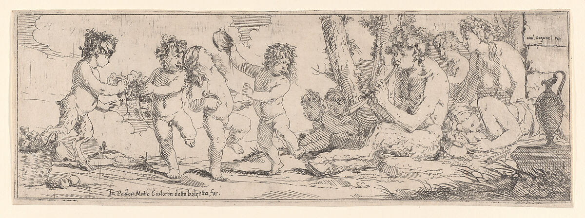 Bacchanal with satyr playing a lute and surrounded by four figures, who look toward a succession of three putti and a satyr dancing with cups and vines, Giulio Carpioni (Italian, Venice 1613–1678 Venice), Etching
