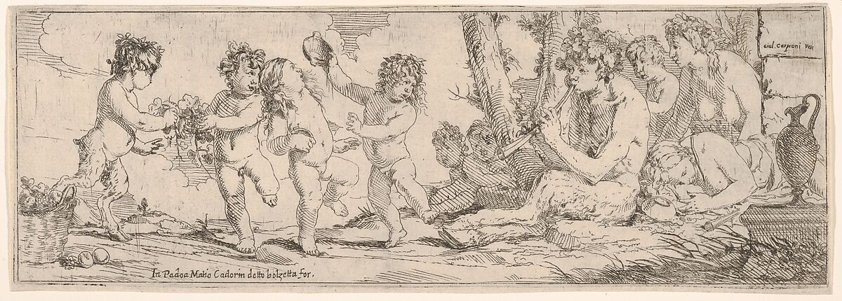 Bacchanal with satyr playing a lute and surrounded by four figures, who look toward a succession of three putti and a satyr dancing with cups and vines, Giulio Carpioni (Italian, Venice 1613–1678 Venice), Etching 