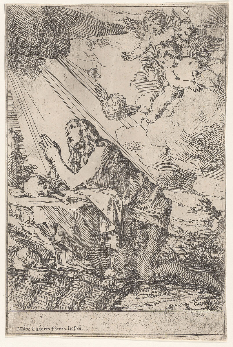 Penitent Magdalen kneeling on a rocky ground before a skull and bones, an ointment jar lies in the left foreground, rays of light and winged putti descend from above, Giulio Carpioni (Italian, Venice 1613–1678 Venice), Etching