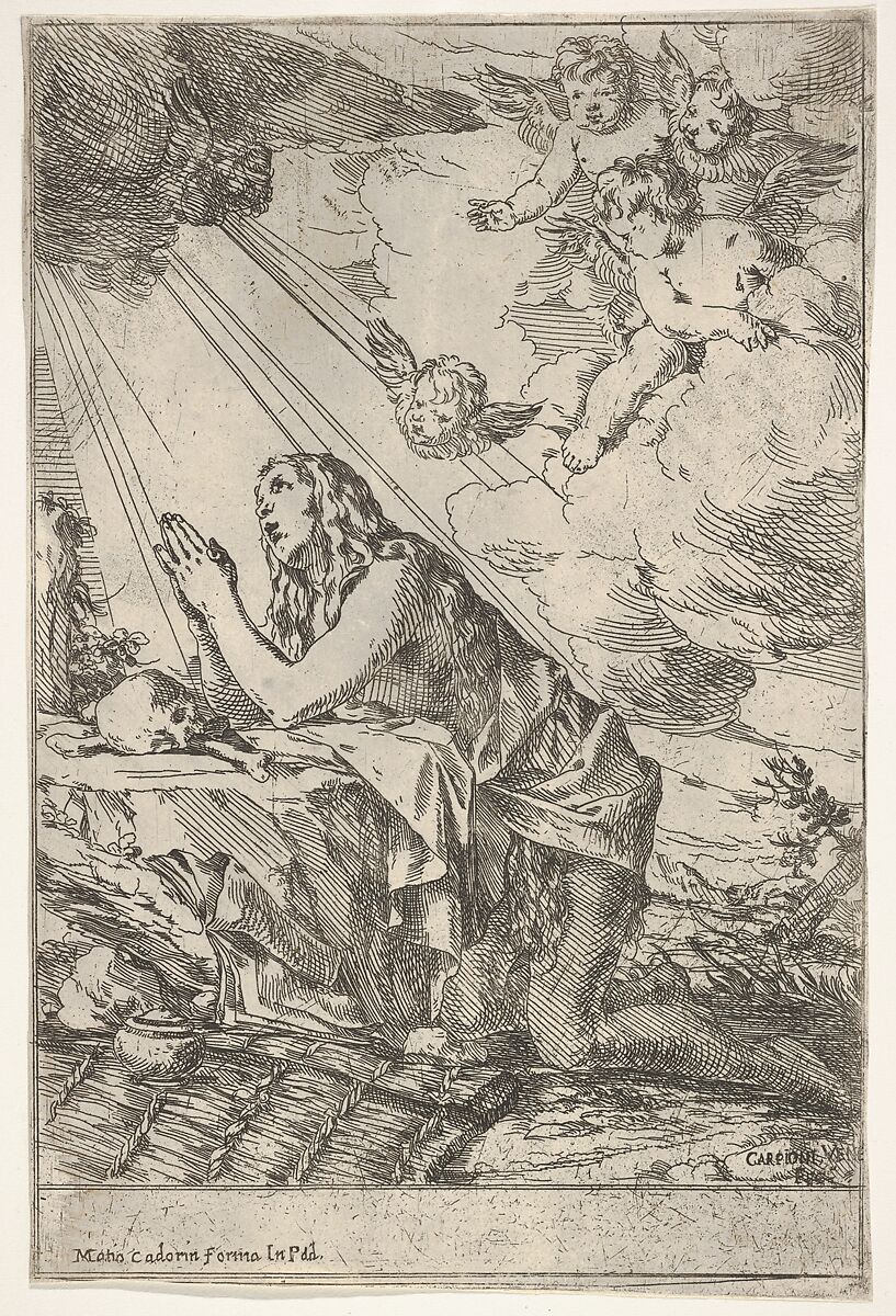 Penitent Magdalen kneeling on a rocky ground before a skull and bones, an ointment jar lies in the left foreground, rays of light and winged putti descend from above, Giulio Carpioni (Italian, Venice 1613–1678 Venice), Etching 
