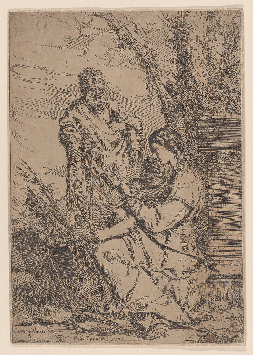 Holy Family with the Virgin reading, the Virgin sits in profile with a book in her left hand and the Child facing the viewer, Joseph stands behind them with a staff in his right hand, Giulio Carpioni (Italian, Venice 1613–1678 Venice), Etching