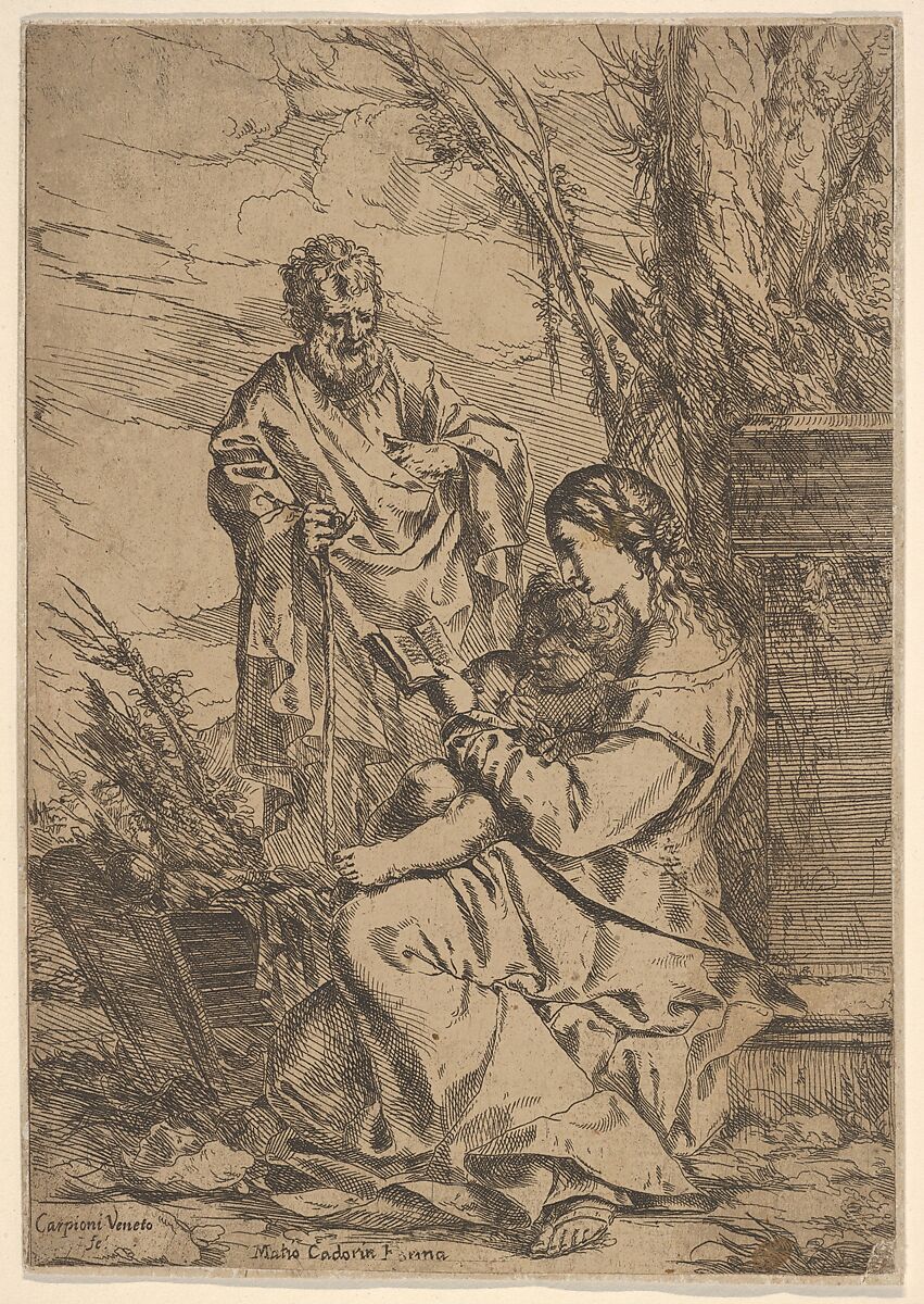 Holy Family with the Virgin reading, the Virgin sits in profile with a book in her left hand and the Child facing the viewer, Joseph stands behind them with a staff in his right hand, Giulio Carpioni (Italian, Venice 1613–1678 Venice), Etching 