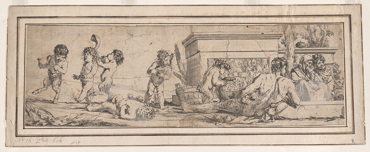 Bacchanal with infant satyrs and putti at left, a naked male figure reclines in front of a pedestal carved in bas-relief, two clothed figures look toward the right, Giulio Carpioni (Italian, Venice 1613–1678 Venice), Etching