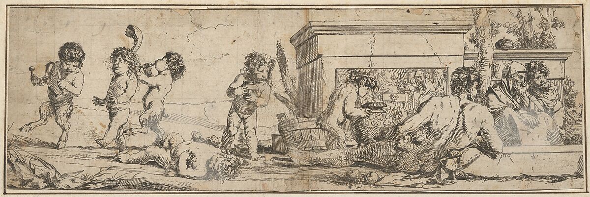 Bacchanal with infant satyrs and putti at left, a naked male figure reclines in front of a pedestal carved in bas-relief, two clothed figures look toward the right, Giulio Carpioni (Italian, Venice 1613–1678 Venice), Etching 