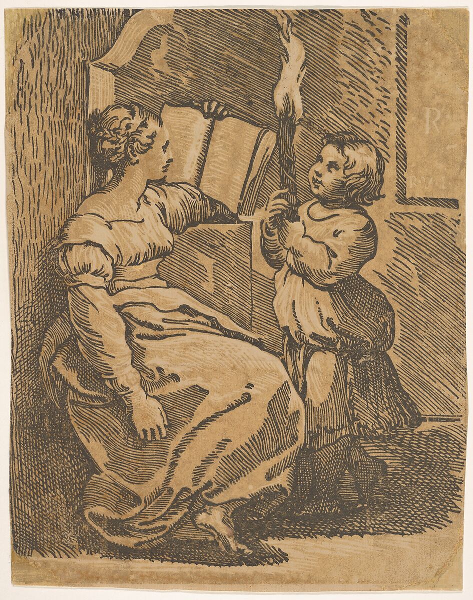 A Sybil reading facing right, Ugo da Carpi (Italian, Carpi ca. 1480–1532 Bologna), Chiaroscuro woodcut from two blocks in brown 