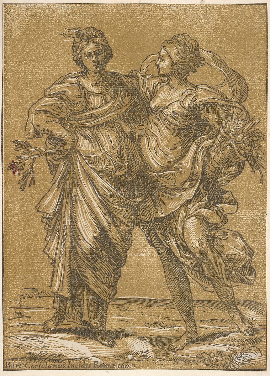 Two women representing the alliance of Peace and Abundance, Bartolomeo Coriolano (Italian, Bologna ca. 1599–ca. 1676 Bologna (?)), Chiaroscuro woodcut from two blocks in brown and black 