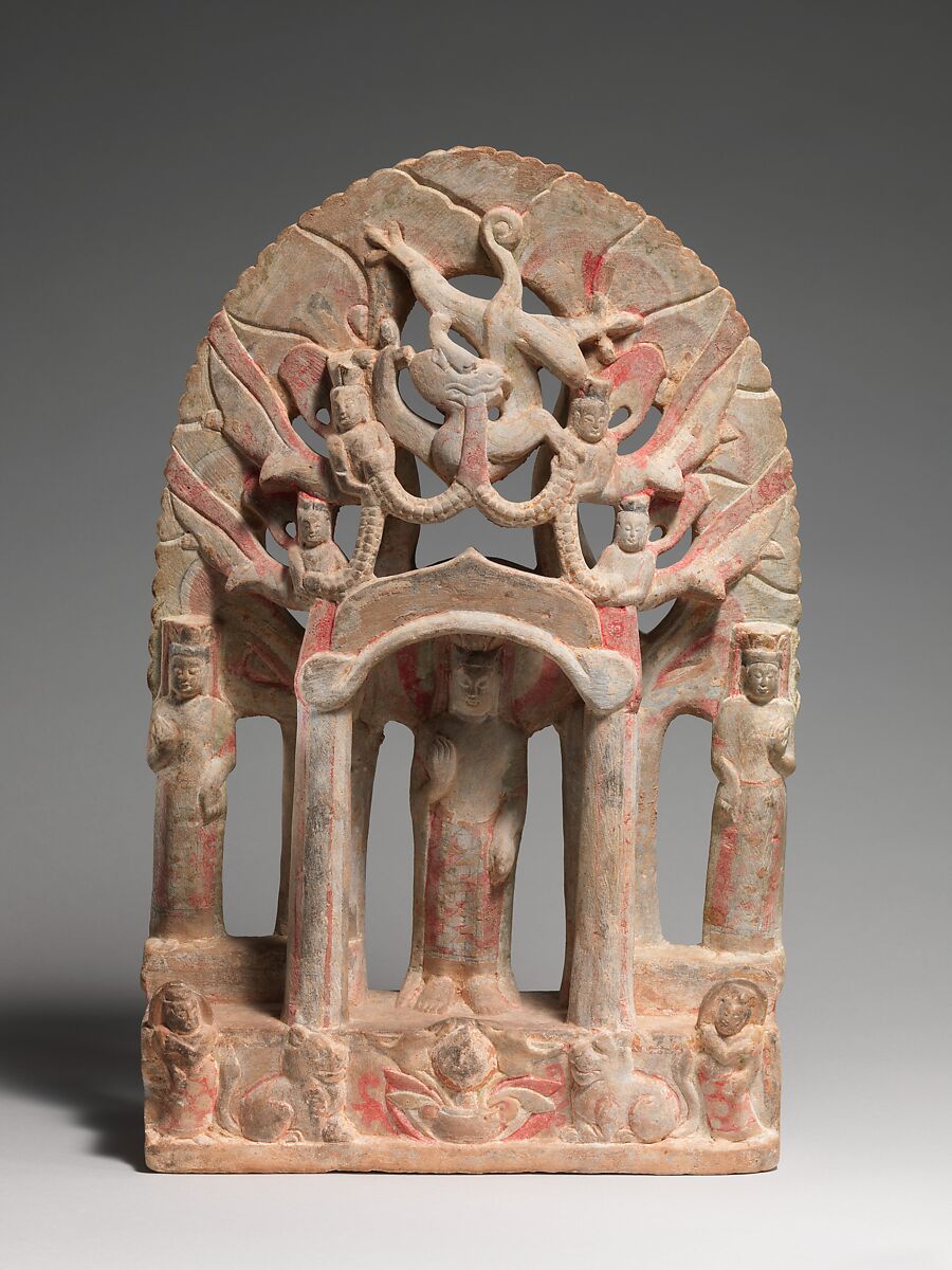 Votive stele with Buddha and bodhisattvas, Limestone with pigment and gilding, China 