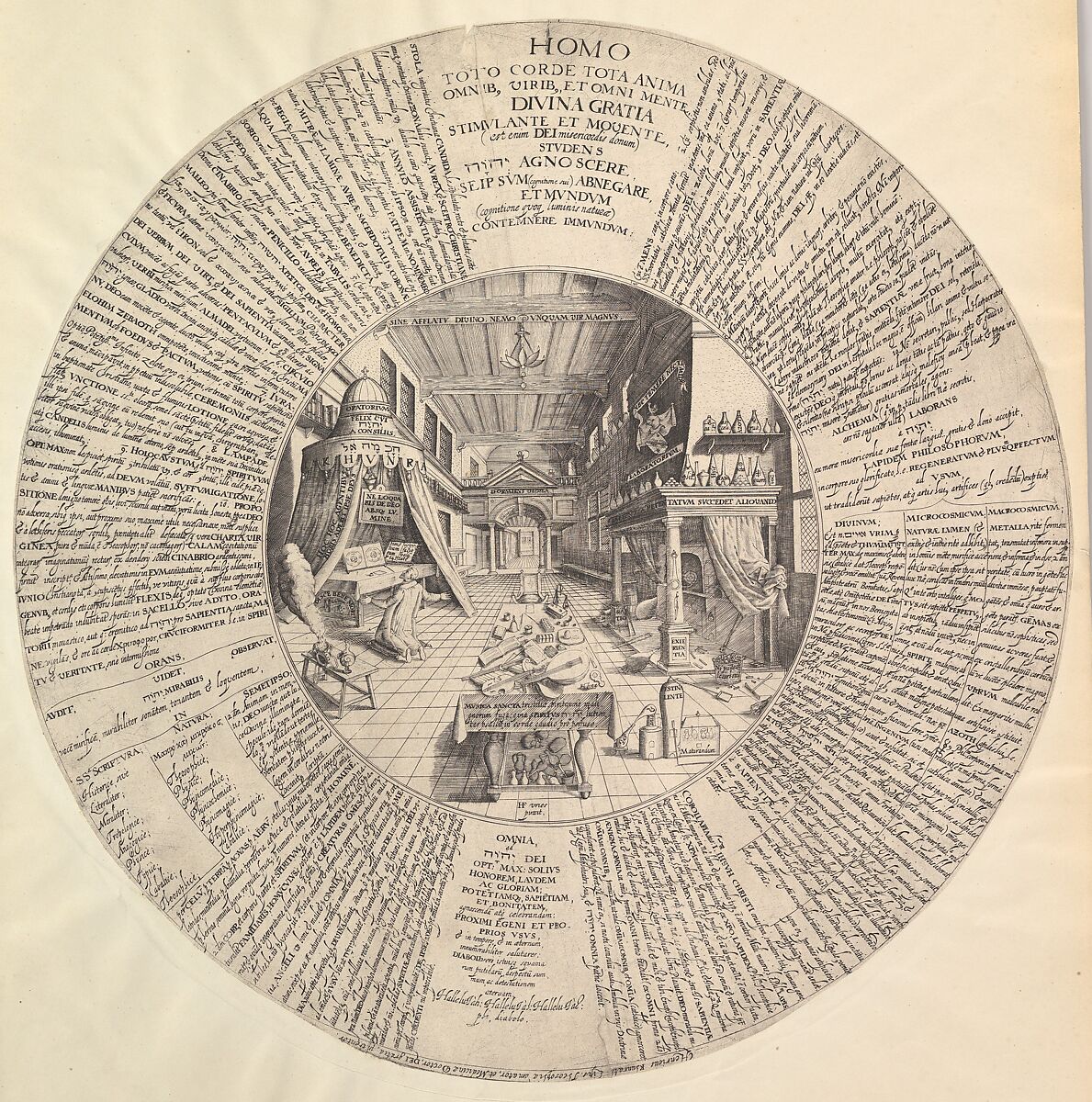 The Alchemist's Laboratory from Heinrich Khunrath, Amphiteatrum sapientiae aeternae, Attributed to Peter van der Doort (born  Antwerp, active Hamburg ca. 1590–1605), Engraving 