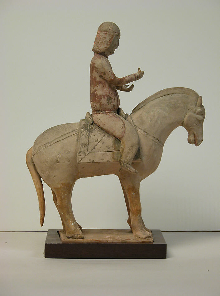 Mounted musician (one of two), Earthenware with pigment, China