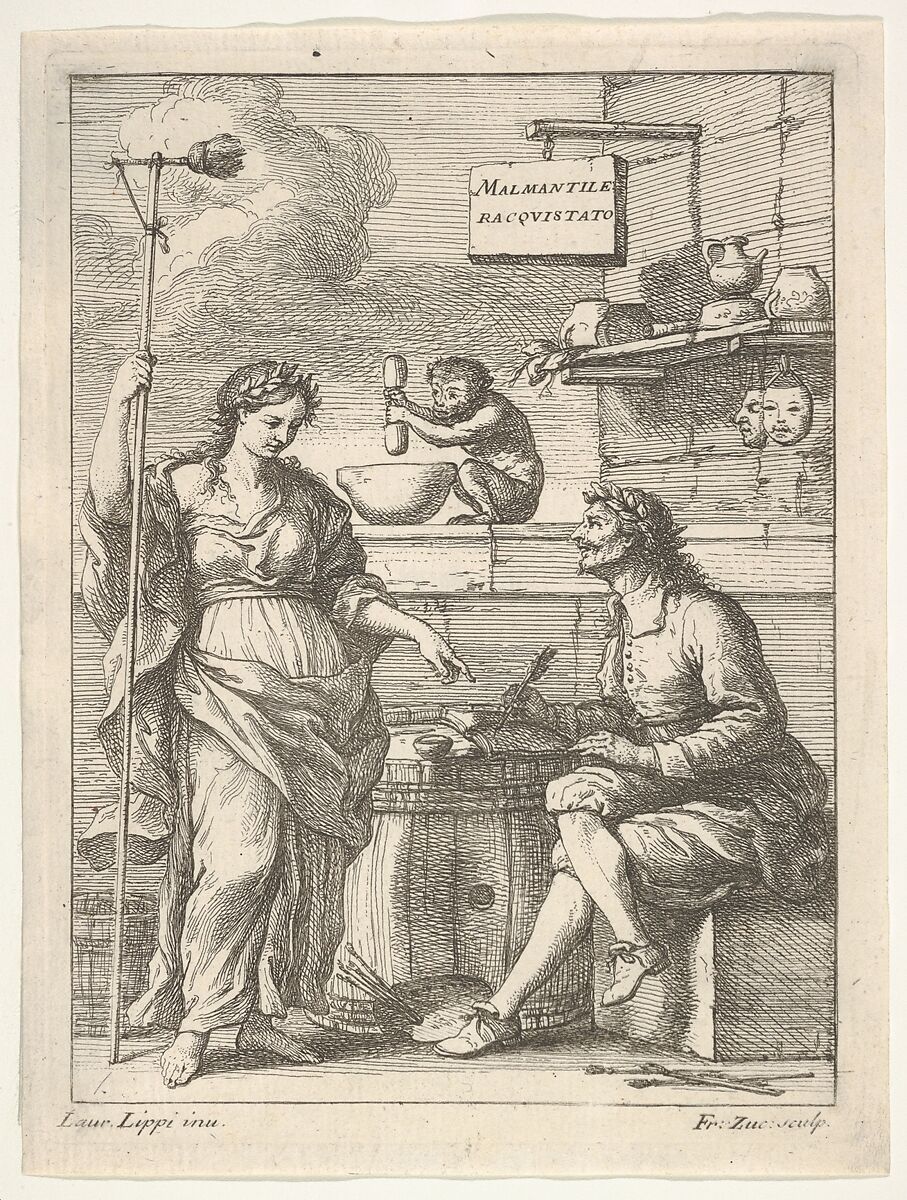 A monkey working a mortar and pestle, below Lorenzo Lippi (?) writing his humorous poem 'Malmantile Racquistato', a muse standing at left, Francesco Zucchi (Italian, Venice 1692–1764 Venice), Etching 