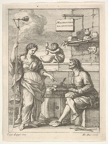 A monkey working a mortar and pestle, below Lorenzo Lippi (?) writing his humorous poem 'Malmantile Racquistato', a muse standing at left