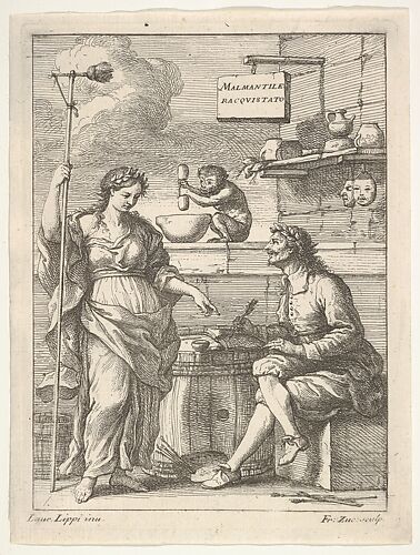 A monkey working a mortar and pestle, below Lorenzo Lippi (?) writing his humorous poem 