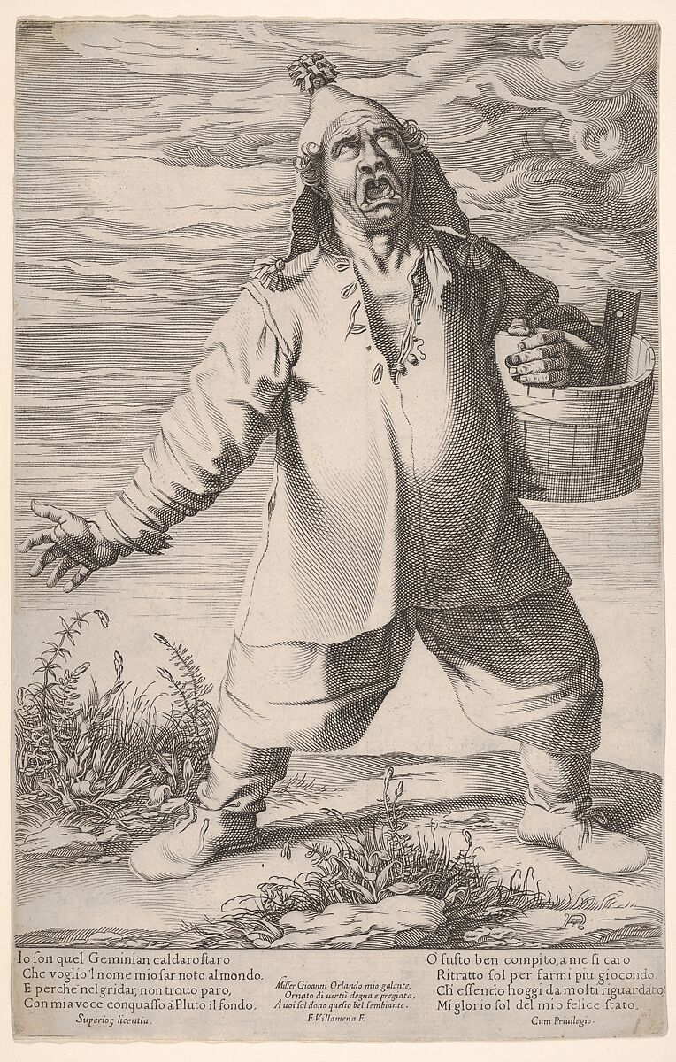 Geminiano Caldarostaro crying out and holding a tub, with a tasseled hat, Francesco Villamena (Italian, Assisi ca. 1565–1624 Rome), Engraving 