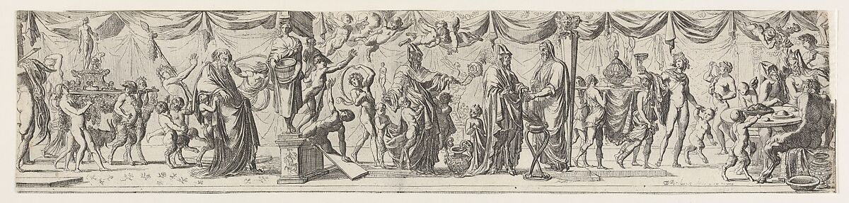 Frieze-like composition of figures walking alongside draped curtains: at left satyrs and children bear a statue of Bacchus on a litter behind an old man (Silenus?), at center two robed satyrs approach a priest, at right Apollo lifts a cup next to satyrs seated at a round table, Pierre Brebiette (French, Mantes-sur-Seine ca. 1598–1642 Paris), Etching 
