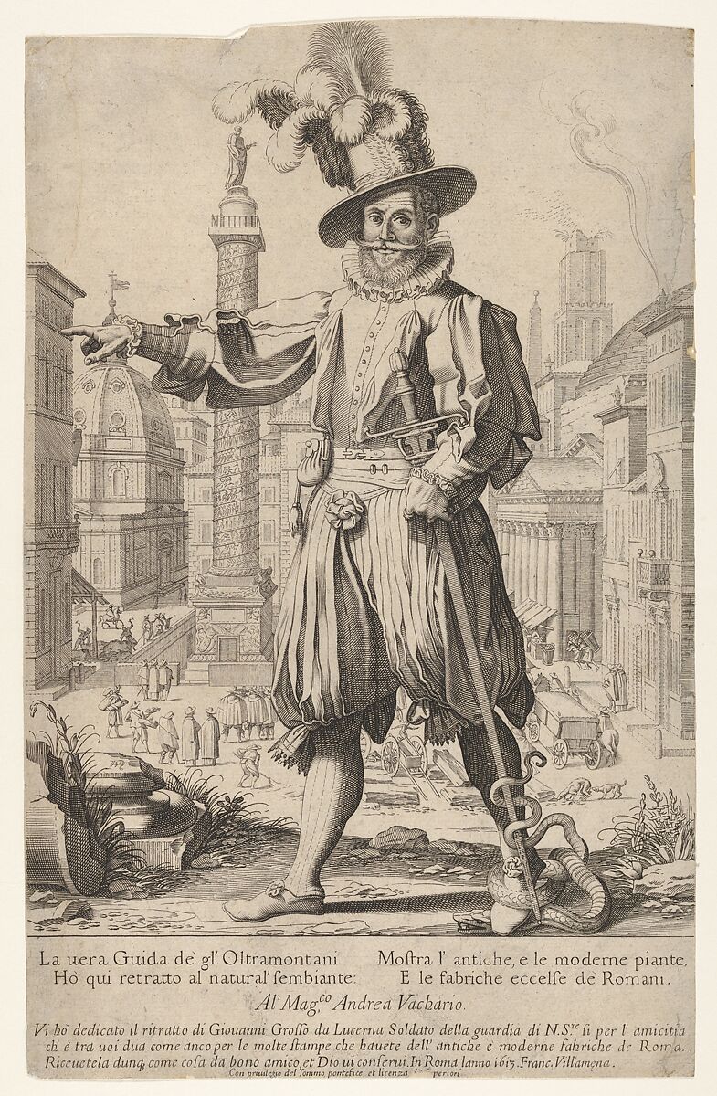 Giovanni Grosso standing on the Quirinal Hill in Rome, with his right arm outstretched and a snake coiled around his foot and sword, Francesco Villamena (Italian, Assisi ca. 1565–1624 Rome), Engraving 