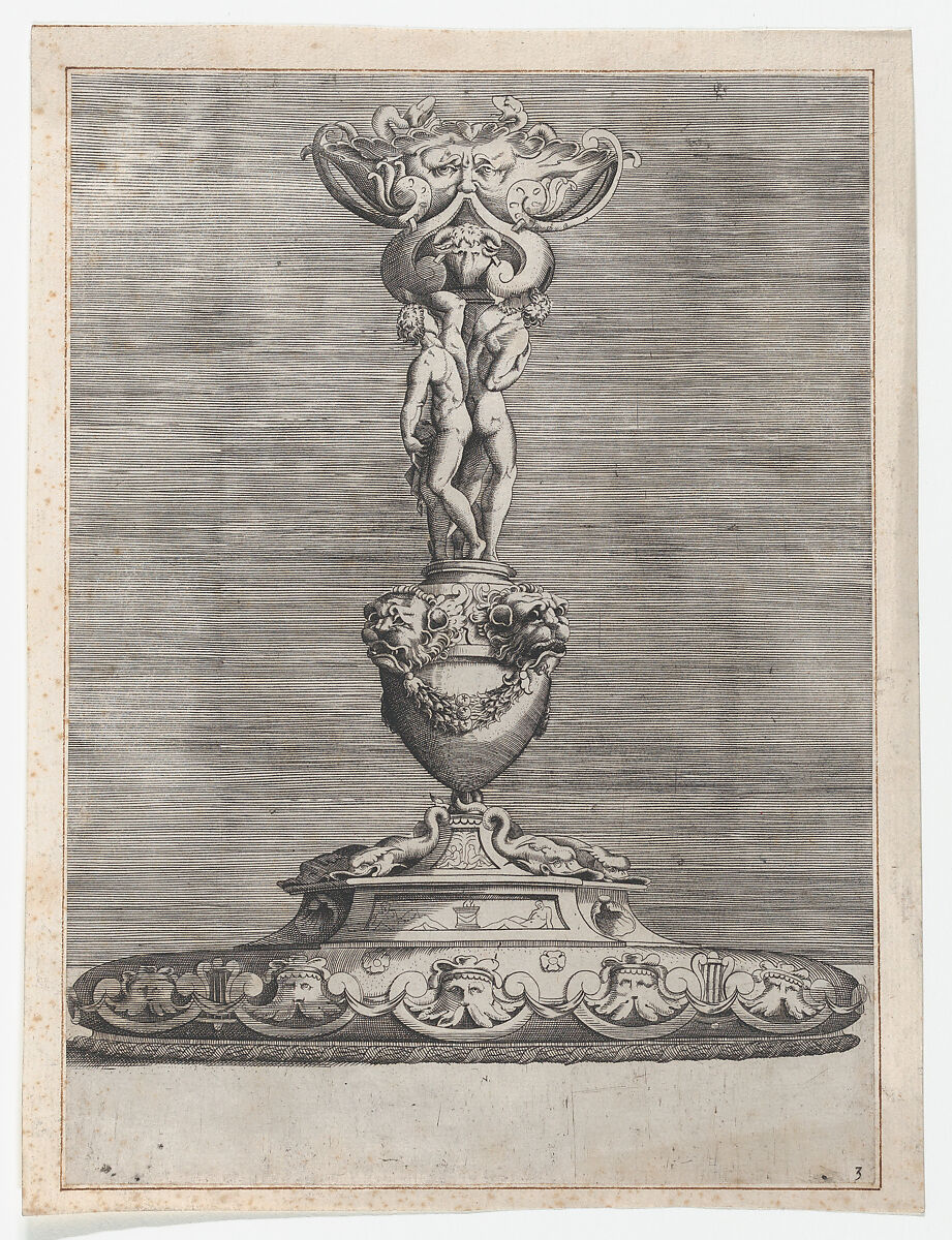 Candlestick with Two Ignudi on Top of a Vase with Lion Heads, Anonymous, Italian, 16th century, Engraving [first edition] 
