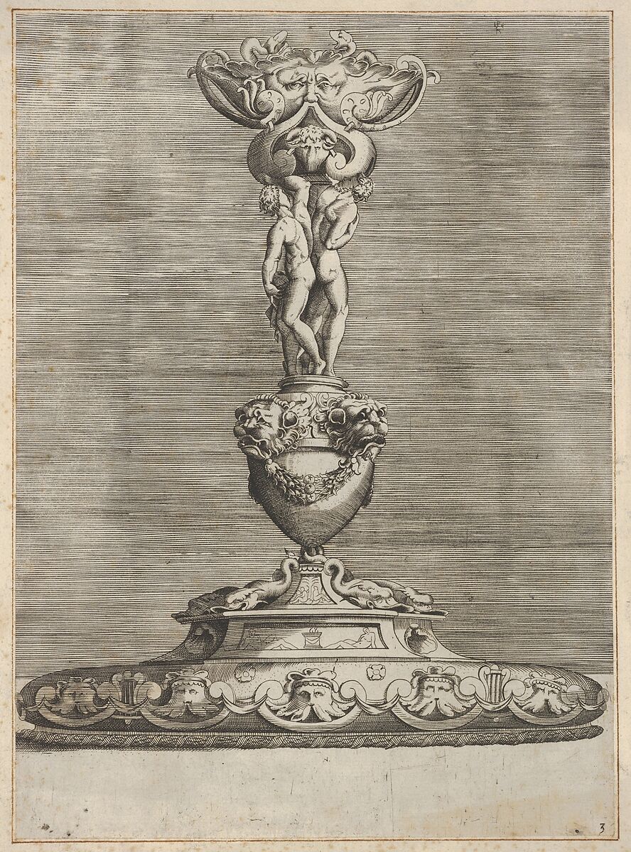 Candlestick with Two Ignudi on Top of a Vase with Lion Heads, Anonymous, Italian, 16th century, Engraving; first state
